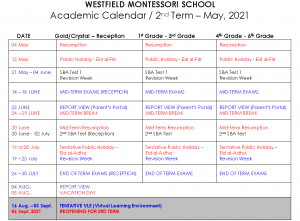 SCHOOL CALENDAR – Westfield Montessori School